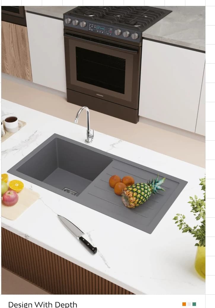 Quartz Sink with Drainboard, 36 × 18 × 8.5 in